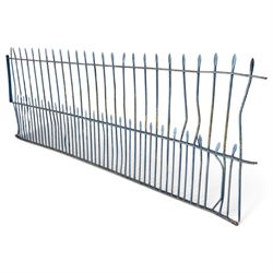 Two sections of painted iron garden or estate boundary railing, comprising a 19th century wrought iron section with graduated spearhead uprights, together with a later hoop-top section with ball-finial end posts, both in blue painted finish