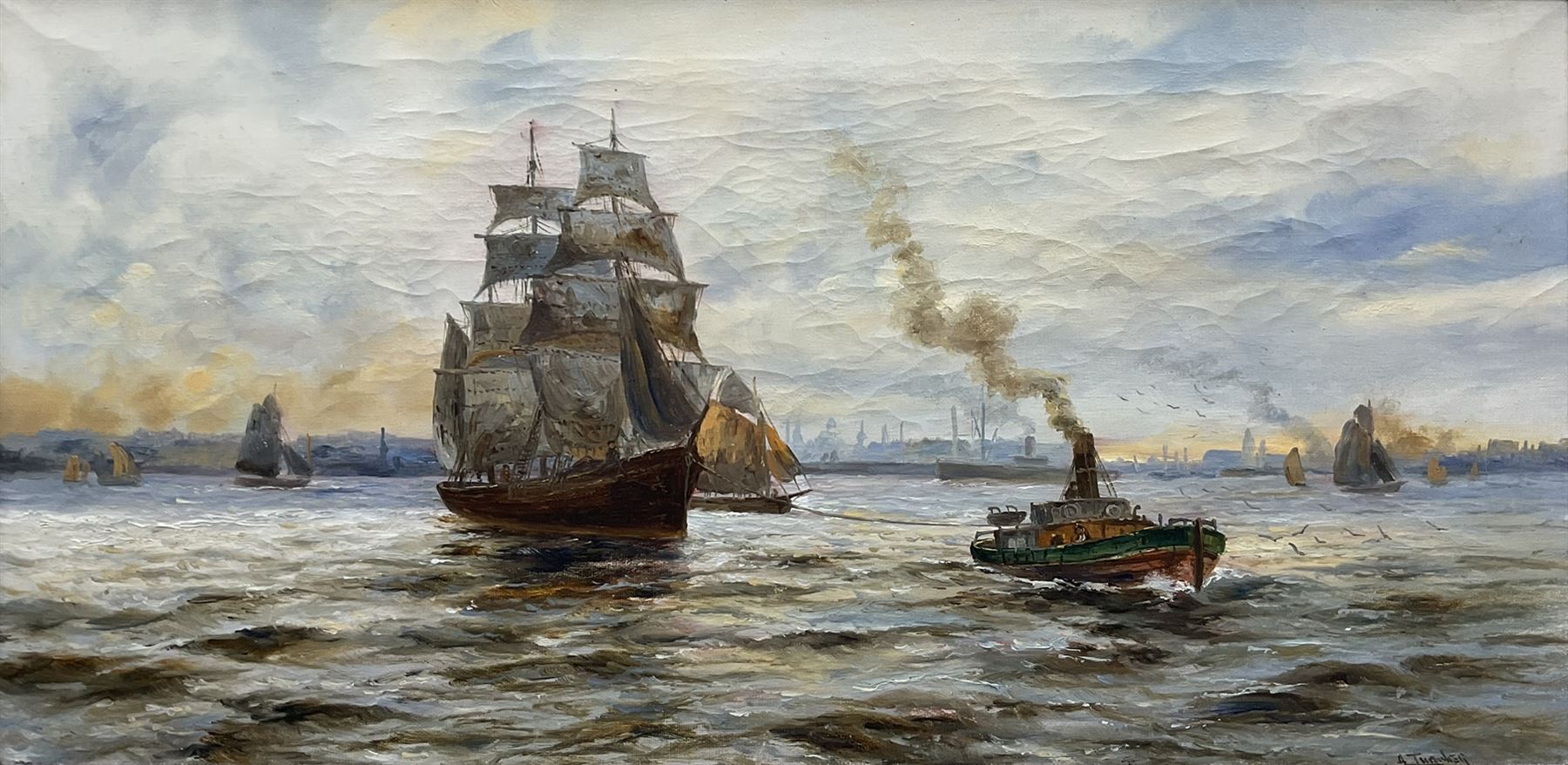 A Turner (British 19th century): Steam Tug Pulling a Two Masted Ship, oil on canvas signed 30cm x 60cm
