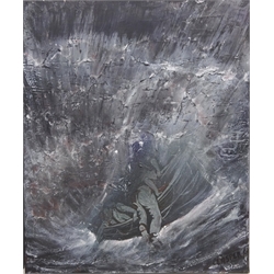  Launching the Lifeboat in Stormy Weather, contemporary oil on canvas signed by Barry Clasper 60cm x 49.5cm and Abstract Boats at Sea, mixed media on canvas by the same hand 120cm x 29cm both unframed (2)   Donated to Filey Lifeboat by the artist  