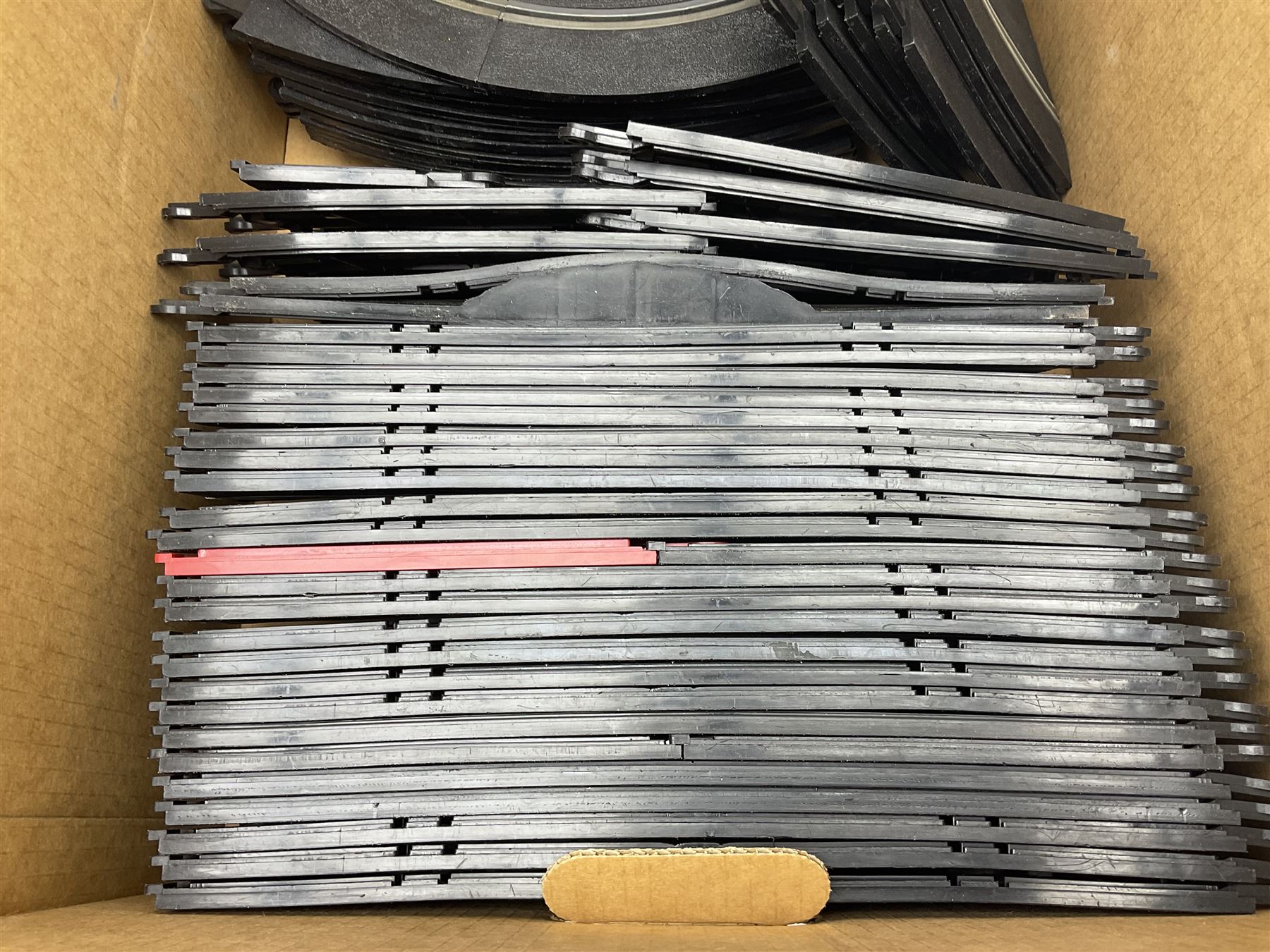 Tri-ang Scalextric - seven cars including pair of Jaguar D Types, pair of Austin Minis, Porsche and BRM racing cars etc; six various controllers and power unit, fencing, banking and bridge pillars, boxed kiosk, quantity of track and paperwork