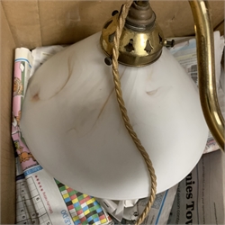  An early 20th century brass twin branch rise and fall light fitting, with opaque glass shades.   