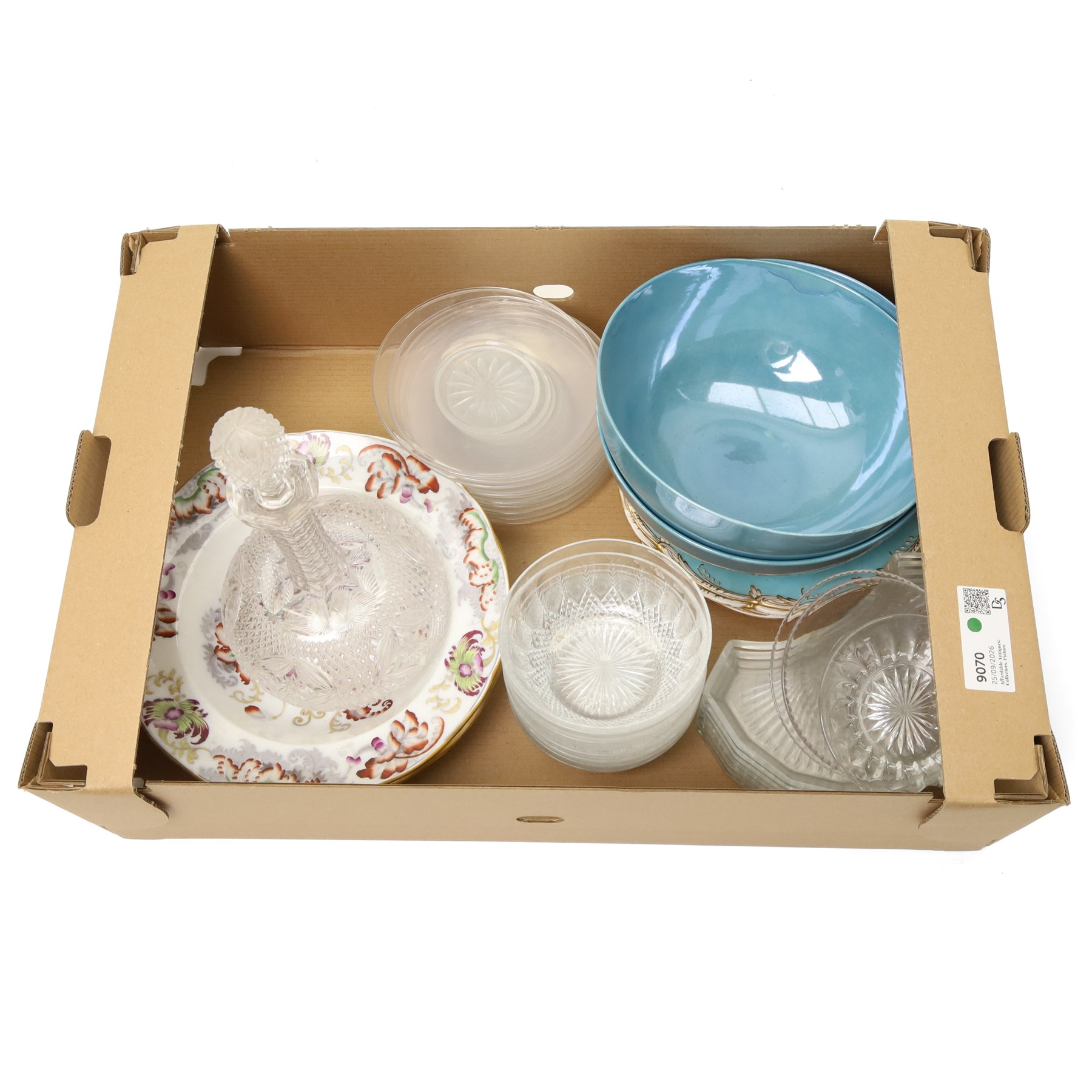 Cut glass sherry decanter, ten glass ice plates, three early Victorian dessert plates decorated with floral sprays, three Victorian soup plates, two Carlton Ware bowls etc