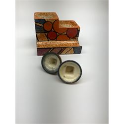 A Clarice Cliff Bizarre Cafe au lait double cube inkwell with pen tray, decorated in the Berries pattern, with printed mark to base, and shape number 462, H7cm W10cm. 