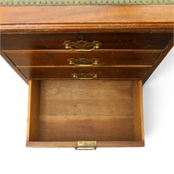 Edwardian mahogany office desk, recatangular top with green inset leather writing surface, fitted with two banks of four drawers, brass swan neck handles with ornate backplates