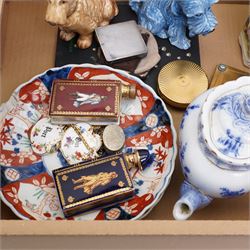 Two Sylvac dogs, 1205 and 1295, two Limoges Camus brandy flasks, pair of Imari plates, graduated jugs, Stratton and other compacts etc