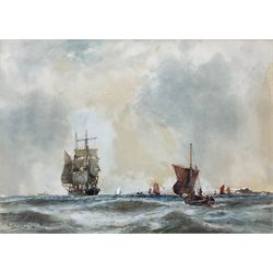 Frank Henry Mason (Staithes Group 1875-1965): Sailing Vessel and Fishing Boats off the Coast, watercolour with scratching out signed 25cm x 35cm