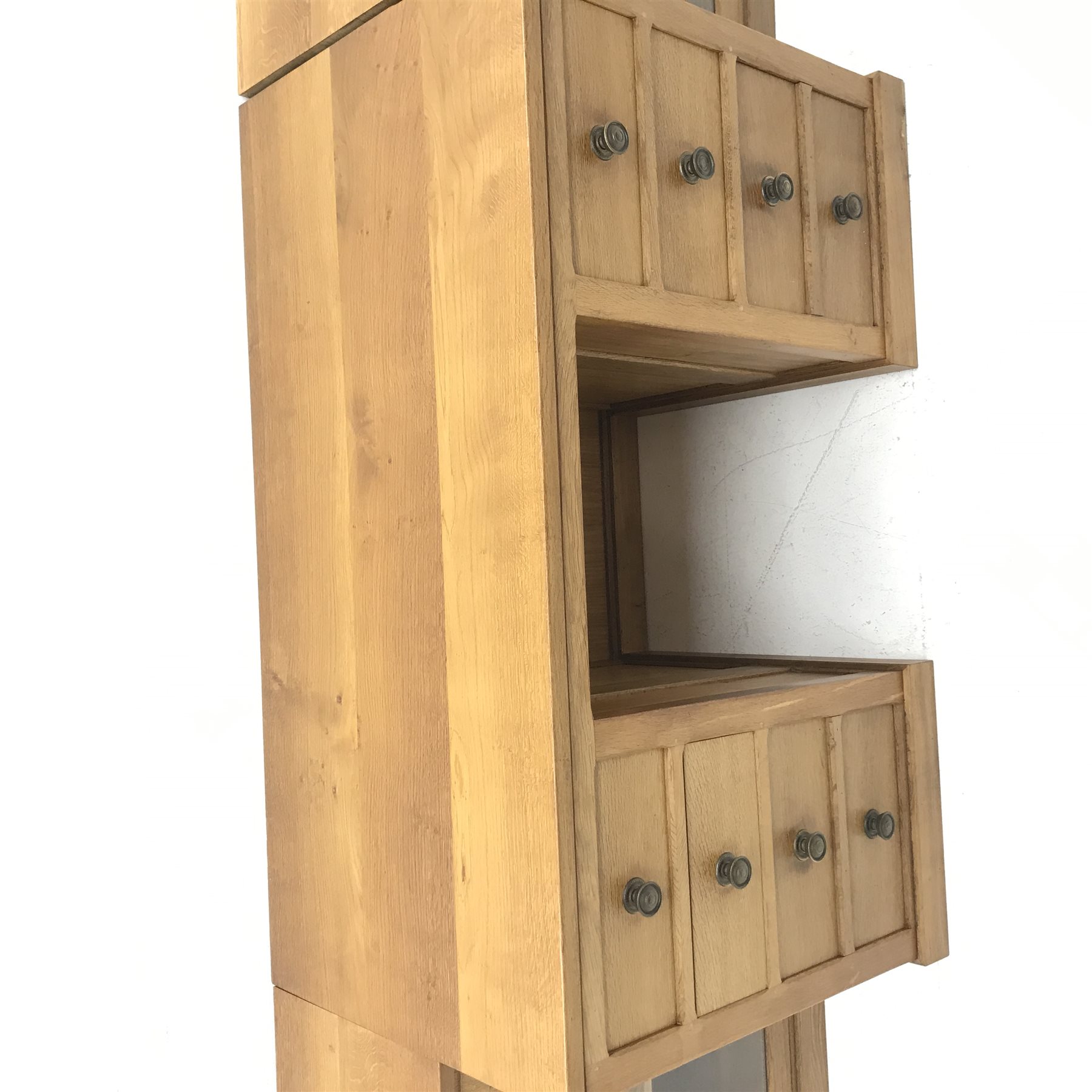 'Lizardman' oak kneehole desk fitted with six drawers and two glazed bookcases, by Derek Slater of Crayke, W347cm, H72cm, D61cm