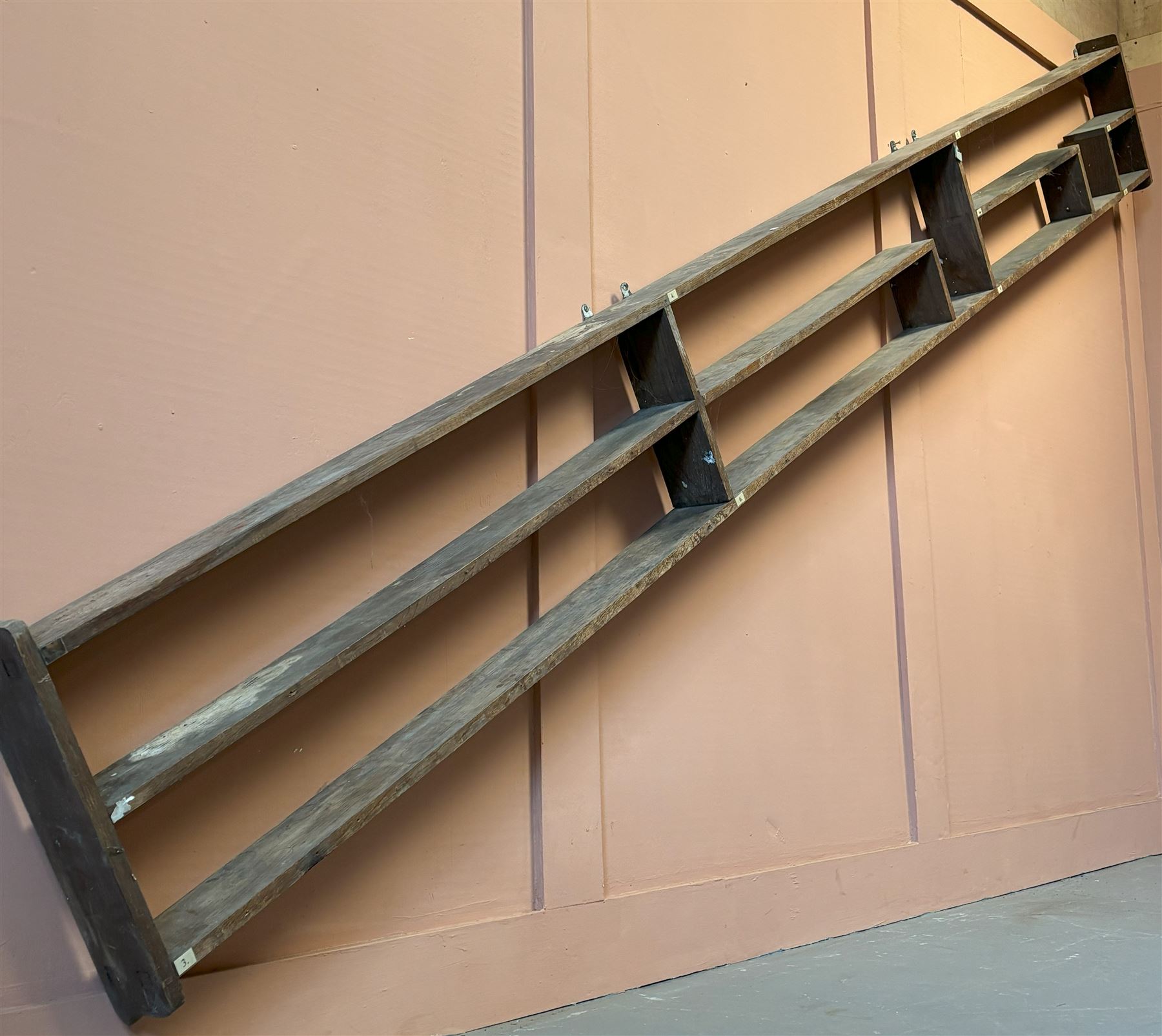 Large teak science lab wall hanging shelf of A-symmetrical form, mid 20th century. L412cm, H50cm, D13cm.  - COLLECTION BY APPOINTMENT FROM: The White House, Thirsk Road, Easingwold, York, YO61 3NF - CALL 01723 507111 TO ARRANGE