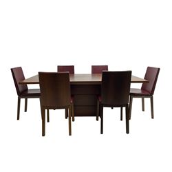 Skovby - Danish mid-20th century design teak extending dining table, rectangular top on pedestal base (W146cm D99cm H92cm); Skovby - set six Danish stained beech dining chairs, back and seat upholstered in oxblood faux leather (W47cm H90cm)