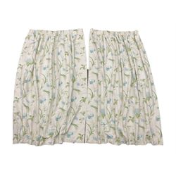 Pair of pleated and lined curtains in Laura Ashley fabric, pale cream ground and decorated with flowers and foliage (W107cm, drop - 208cm), with curtain pole (L202cm)