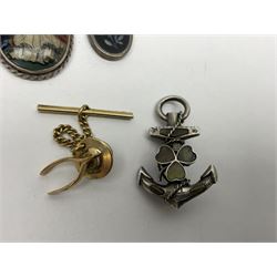 9ct gold wishbone shirt stud, hallmarked, silver shamrock and anchor brooch, one other silver brooh, pendant and Mexican silver trinket box and collection of costume jewellery