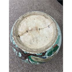 Late 19th century Chinese famille verte crackled ice pot and cover, of ovoid form, decorated with birds, blossom and bamboo, the cover with handle formed as a root, with hardwood display stand H50cm