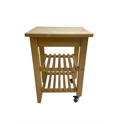 Beech kitchen trolley, rectangular top over two slatted under-tiers, on castors with brakes