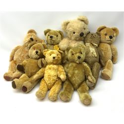 Eight 1950s English teddy bears including Alpha Farnell bear with swivel jointed head, glass type eyes, vertically stitched nose and mouth and jointed limbs H16.5