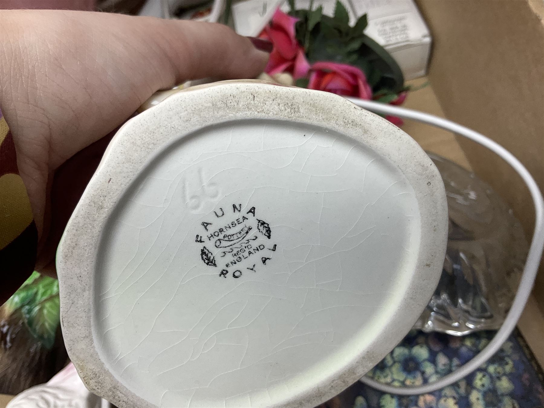 Shelley Maytime pattern sauce boat and saucer, Hornsea vases, blue and white Willow pattern dinner wares and a collection of other ceramics and glassware, in four boxes 