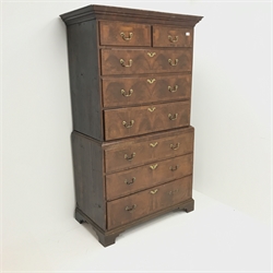 19th century walnut chest on chest, projecting cornice, two short and six graduating drawers, shaped bracket supports, W105cm, H180cm, D54cm