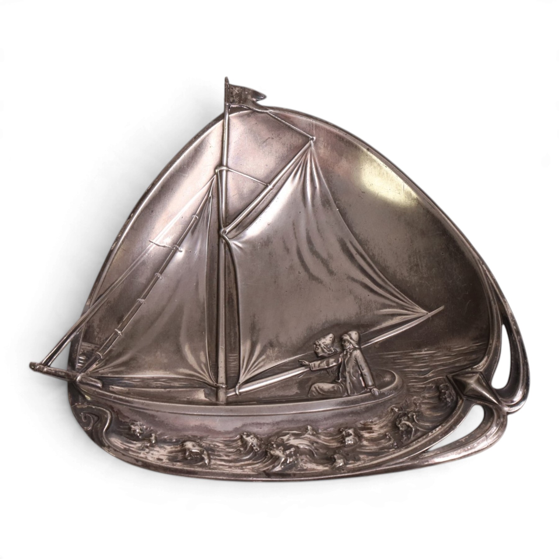 WMF Jugendstil Visiting card tray, No.264, decorated with a sailboat, H18cm, W21cm