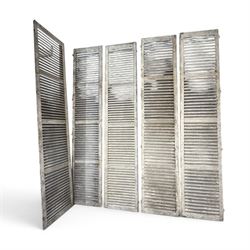 Five 19th century full height French Chateau louvre doors, pitch pine painted in cream fin...