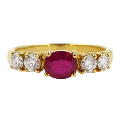  18ct gold five stone oval ruby and round brilliant cut diamond ring, stamped 18K  
[image code: 4mc]