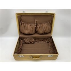 Vintage leather traveling case with monogram to cover, with watered silk lining to interior, and some contents, plus a further vintage travel case, (2)