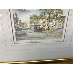 After Kenneth W Burton (British 1946-): Filey, Helmsley, Lastingham, and Grassingham, four limited edition colour prints signed; together with a Vernon Ward still life print, signed print after Baxter and four other prints max 25cm x 37cm (9)