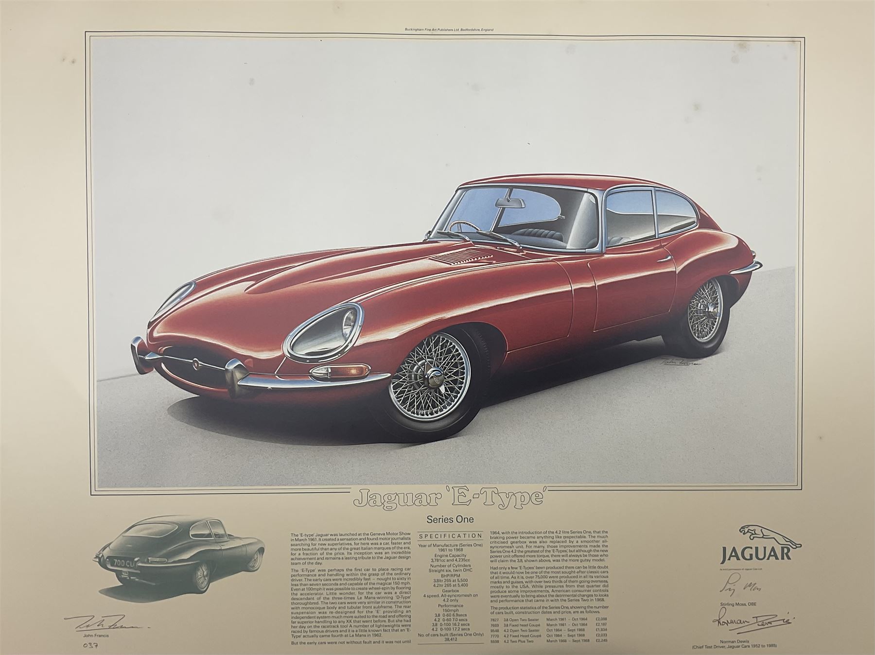 Three limited edition Jaguar prints with certificates, 'Jaguar E-Type' numbered 037, 'Jaguar D-Type' numbered 425, and 'Jaguar XJ13' numbered 425, signed Stirling Moss, Norman Dewis and John Francis and numbered in pencil unframed 47cm x 61cm
