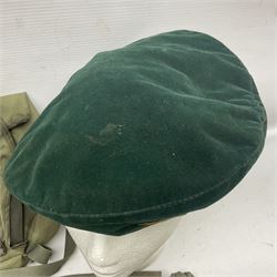 Falklands War - Argentine Special Forces beret with metal badge reputedly taken at Goose Green May 28th 1982 by Cpl. Hudson attached to 2 Para; together with an Argentine Gas Hood (2)