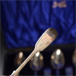 Set of six Victorian  silver fiddle pattern dessert spoons initialled 'W' and six matching teaspoons London 1847 Maker Henry Holland, cased