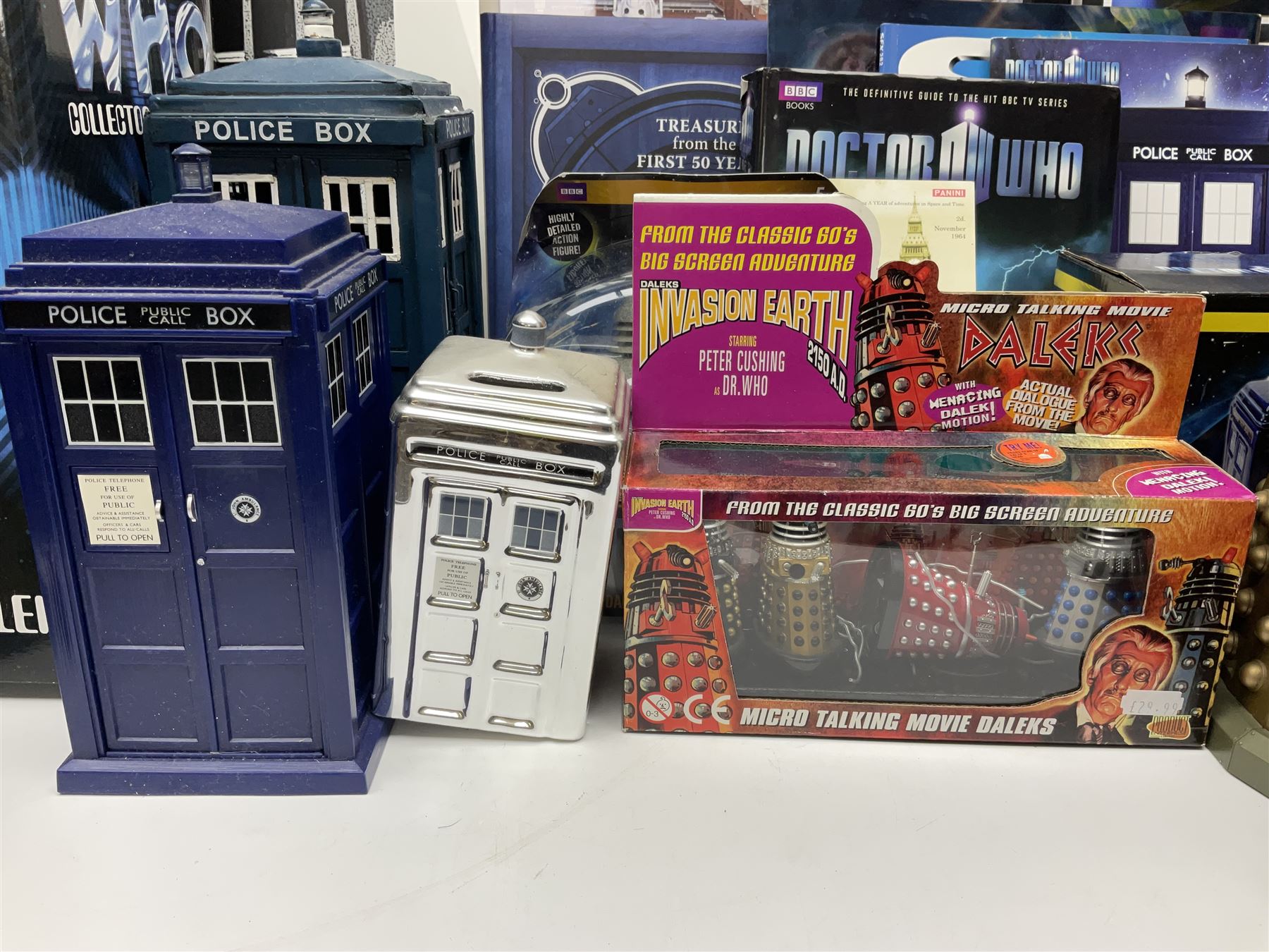 Doctor Who collectables to include ‘British Icon Dalek’ limited 50th anniversary edition in original box, collectors cookie jar, Dalek and Tardis related figures, sonic screwdrivers, small quantity of stamps, framed prints, books etc 
