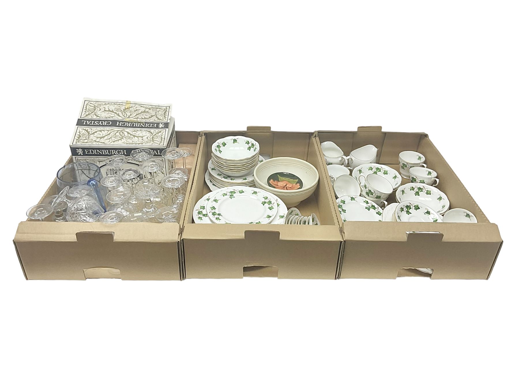 Moorcroft Hibiscus pattern trinket dish, together with Edinburgh Crystal wine glasses, Colclough ivy pattern tea and dinner wares etc, in three boxes 