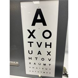 Mid 20th century optician's illuminated eye test chart, cased in grey metal box with separate control switch box, H88cm D19cm W58cm