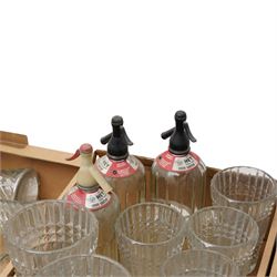 Set of twelve glass vases H25cm, three glass soda syphons and a set of seven glass vases in two sizes