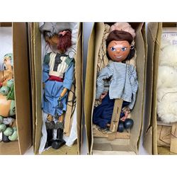 Pelham Puppets - Poodle; boxed; Pirate type figure and Girl with hat; in associated brown boxes; Baby Dragon and Gipsy Girl; unboxed (5)