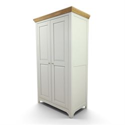 Barker & Stonehouse - Grey painted double wardrobe, with projecting oak cornice, fielded panelled doors, with wooden hanging rail, raised on bracket feet
