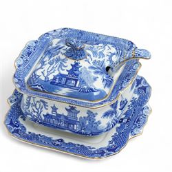 Large collection of Burleigh Ware blue and white Willow pattern dinnerware, comprising twenty one dinner plates, twelve side plates, four platters of graduating size, two tureens with saucers, and two vegetable dishes