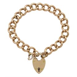 9ct rose gold curb link bracelet, stamped 9 375 on each link, with rose gold heart padlock clasp by Joseph Cook & Son, stamped 9ct 