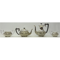 Edwardian four piece silver tea set, embossed flower and leaf decoration  by George Nathan & Ridley Hayes, Chester 1903, approx 78oz gross. Provenance Property of Bob Heath, Brandesburton Formerly of Ravenfield Hall Farm near Rotherham  