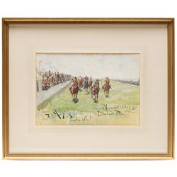 George Finch Mason (British 1850-1915): 'Frontier Wins! - The Dewhurst Plate - Newmarket Oct 27 1895', gouache signed and titled 24cm x 35cm