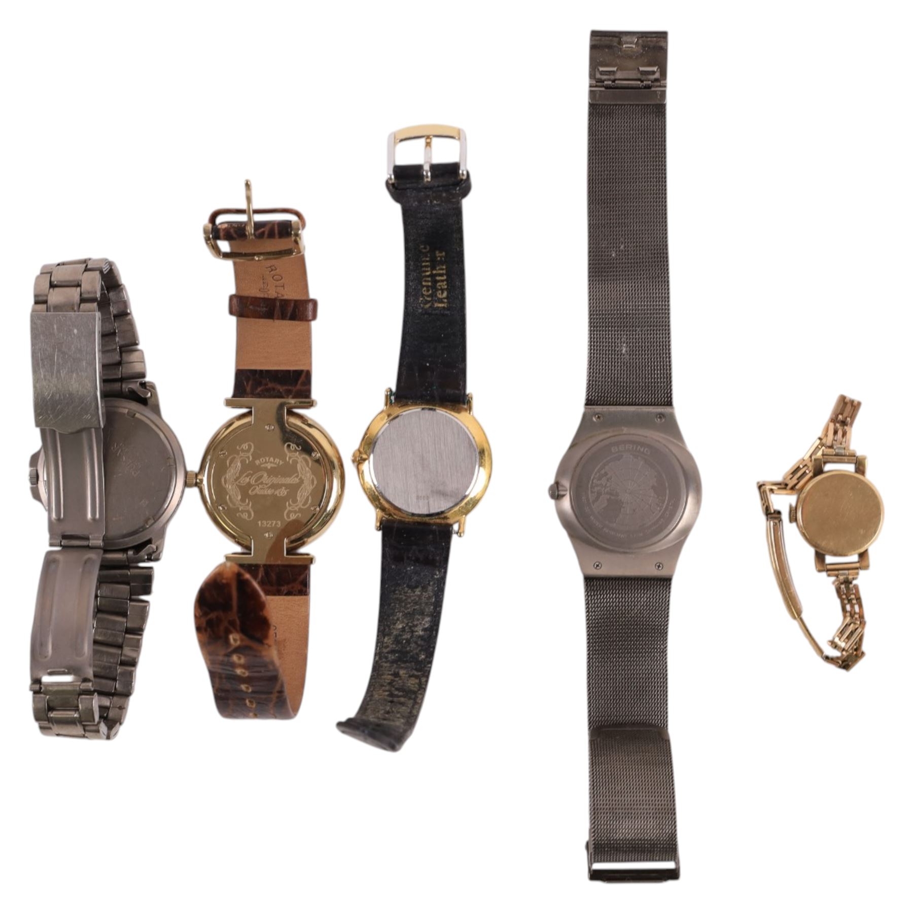 9ct gold manual wind wristwatch, hallmarked, on gold-plated strap and a collection of wristwatches including Bering, Rotary and Pulsar