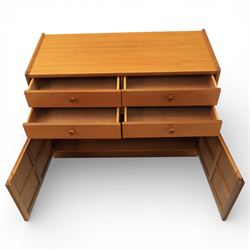 Nathan - 'Squares' pair of sideboards, rectangular top over four short drawers, above signature square panelled cabinet doors on a recessed plinth base