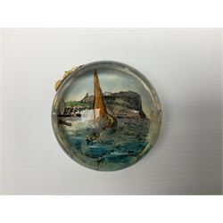 Cylindrical music box with domed lid depicting the Music Room at Buckingham Palace and playing Mozart's 'Voi Che Sapete', limited edition 187 of 250, boxed, together with enamel box for the silver jubilee and a victorian paperweight of Scarbrough  