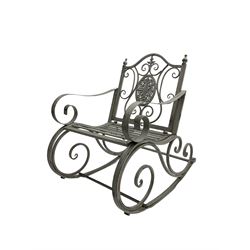 Wrought metal rocking garden armchair, in antique grey finish