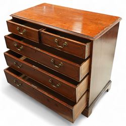 19th century mahogany chest, rectangular moulded top over two short and three long graduated drawers, each with satinwood stringing and shaped ebony inlaid panels, fitted with brass swan neck handles, raised on bracket feet