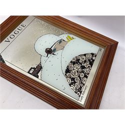 Wall mirror printed with a February 1919 Vogue cover of an Art Deco lady in winter, together with an ornate gilt mirror and another wood mirror, largest L51cm