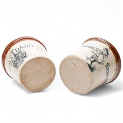 Port Dundas, Glasgow stoneware butter crock inscribed 'Danish Dairy Co.' with loop handle and dipped brown top and another 'Maypole Dairy Co. Ltd.' each H12.5cm (2)