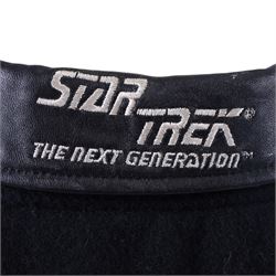Star Trek The Next Generation 10th anniversary jacket, leather sleeves and collar with embroidered decoration throughout, including 10th anniversary emblem to back, 'Star Trek The Next Generation' to collar, 'Paramount Pictures Stages 8,9 & 16' to front and seven character names to interior, in size XXXXL, purchased in 1990s from Star Trek Experience Las Vegas