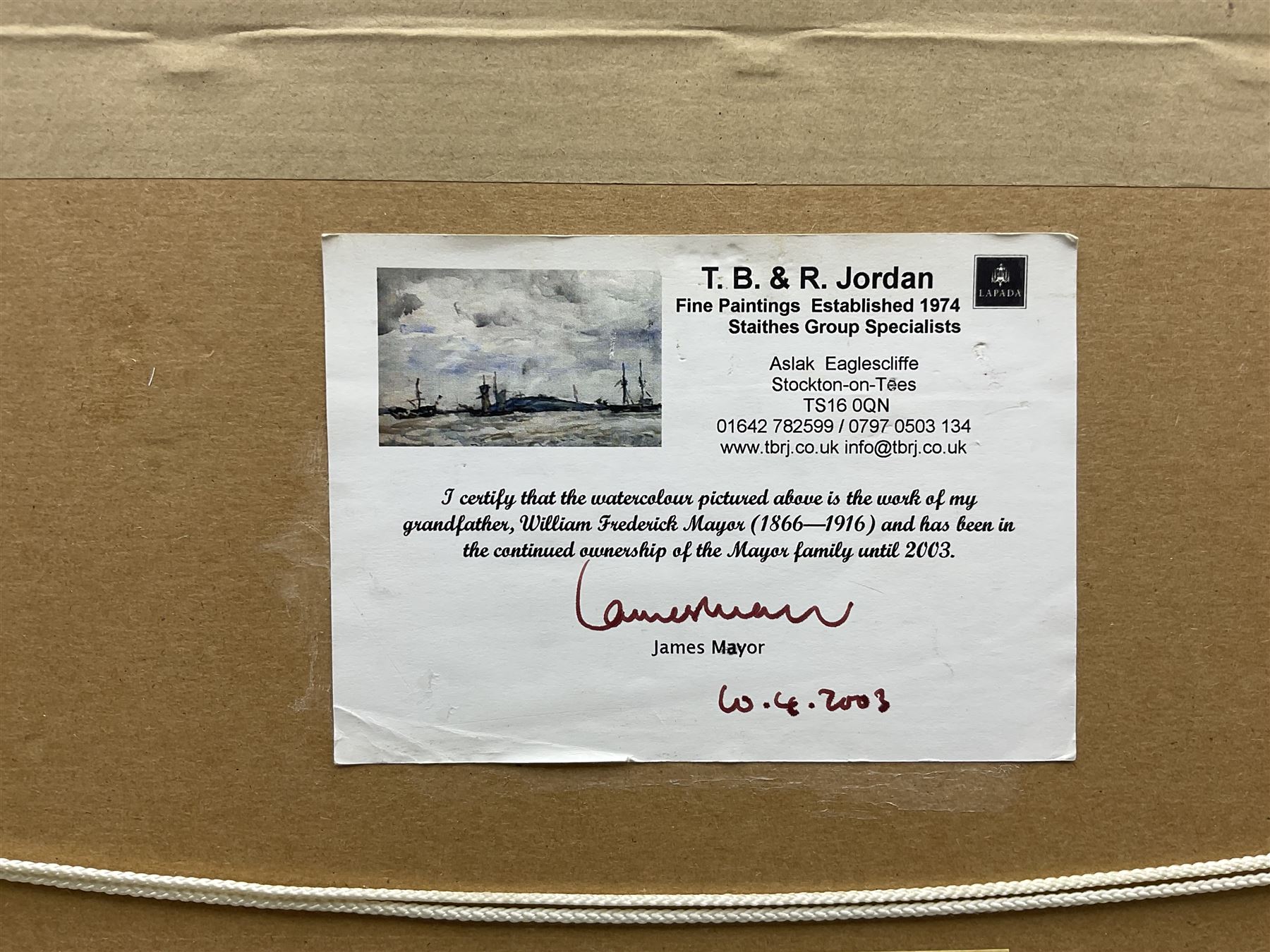 William (Fred) Frederick Mayor (Staithes Group 1866-1916): Shipping off the Coast, watercolour signed 25cm x 38cm
Provenance: with T B & R Jordan, exh. 3rd Harrogate Staithes Group Exhibition 2005; the artist's family, certificate verso