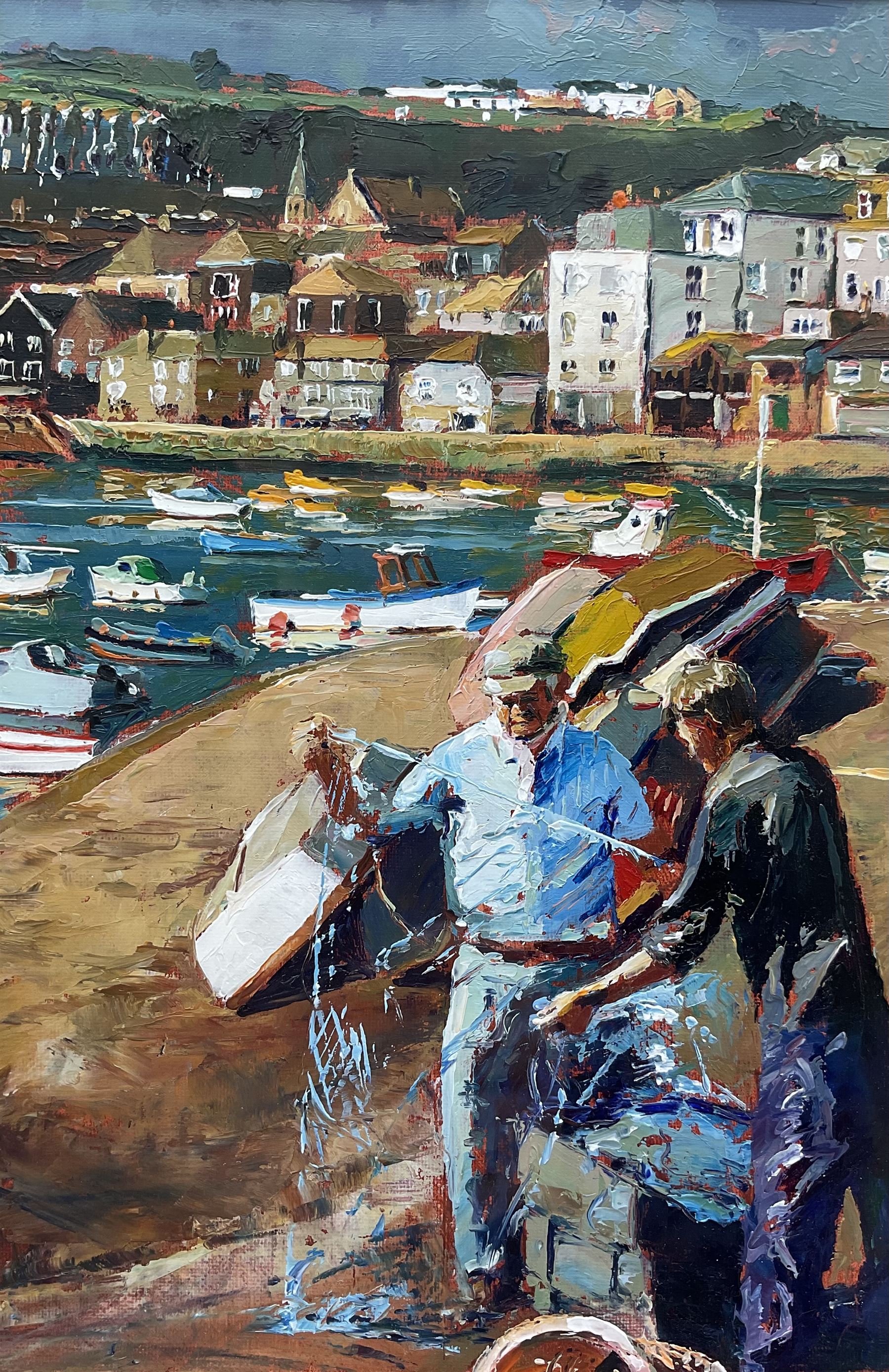 British School (Mid 20th century): Mending Nets at the Harbourside, probably Cornwall or Wales, acrylic on canvas laid on to paper unsigned 24cm x 16cm 
Provenance: with the Oakwood Gallery, Leeds, label verso