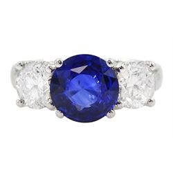 18ct white gold three stone sapphire and round brilliant cut diamond ring, hallmarked, sapphire approx 2.20 carat, total diamond weight approx 1.45 carat
