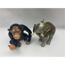 Large Sylvac monkey together with three smaller monkeys, together with Beswick Pigeon no 1383, Melba Ware hippo and baby and Royal Dux elephant 
